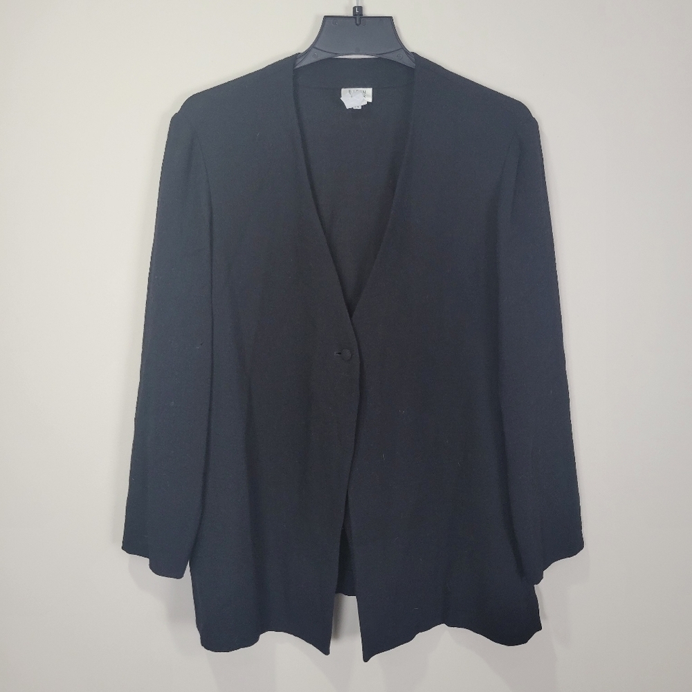 Eileen Fisher 100% Wool Blazer Cardigan Women's Medium Black Open Front Button